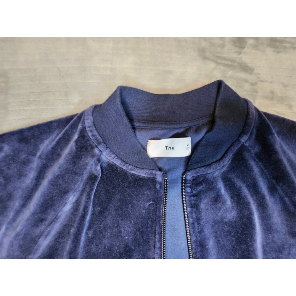 Aritzia Tna Navy Blue Velour Bomber Jacket Full Zip Track Jacket Womens Medium